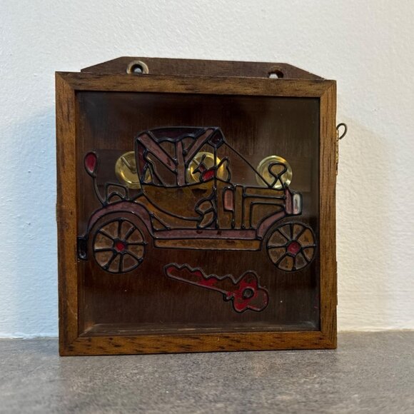 Wooden Key Holder Wall Mount VTG Stained Glass Antique Car Ford Model T Fob Trac - Picture 15 of 16